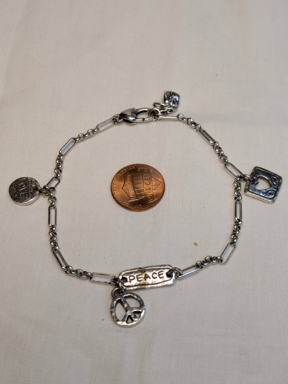 Brighton “Imagine Peace” Charm Bracelet – Silver Tone, 9" with 1" Extender